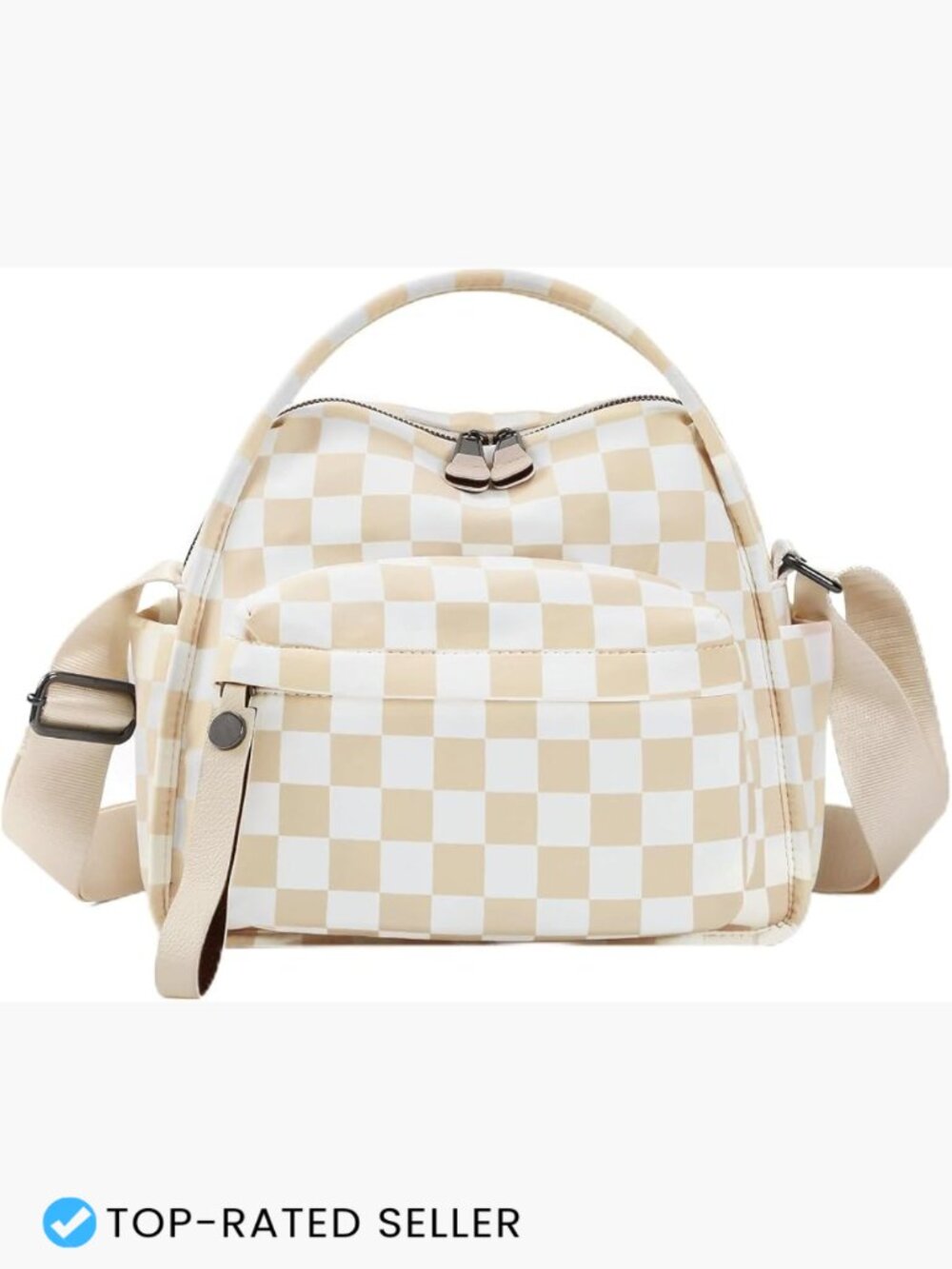 Checkered Nylon Crossbody Bag Satchel Top Handle Adjustable Strap Square Purse